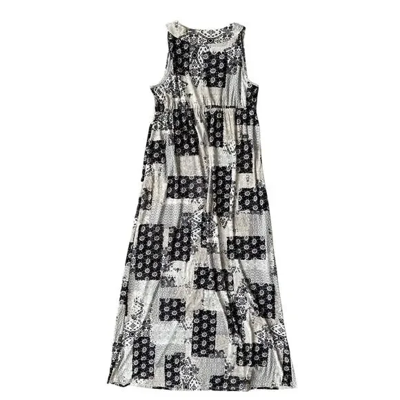 Style & Co Patchwork Paisley Maxi Dress Large Black Tan Stretch Boho - Picture 3 of 10